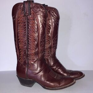 Vintage Brown Leather Cowboy Heel Western Boots with Zigzag Stitching Size 8 1/2